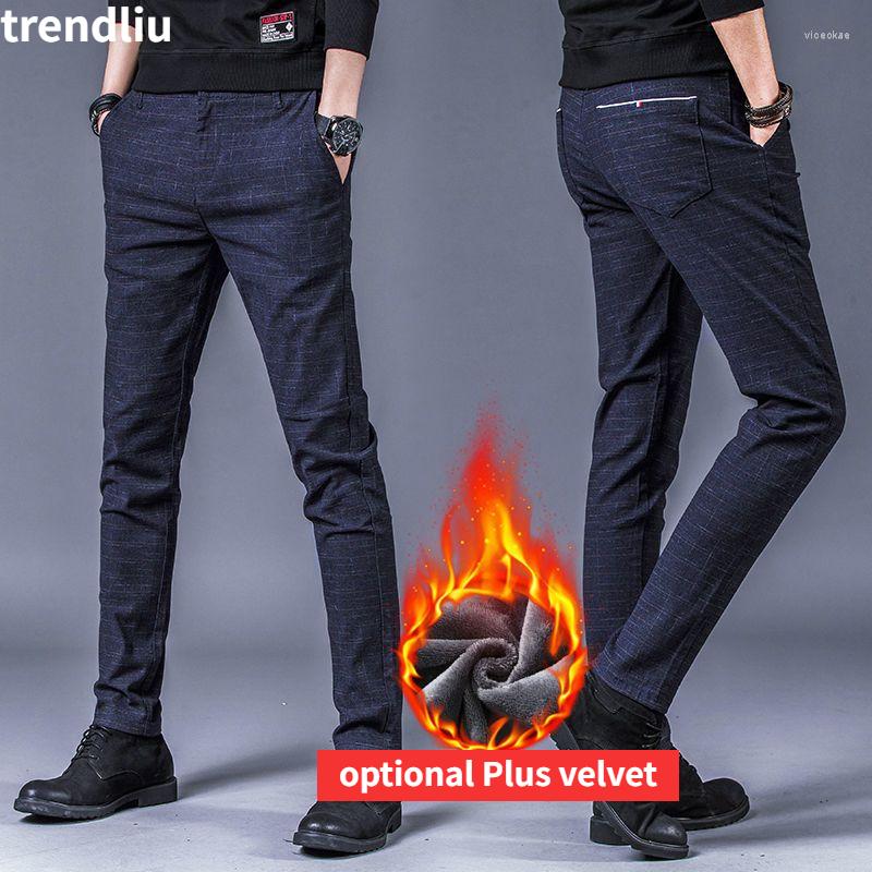 

Men's Pants 2022 Autumn Winter Thick Fleece England Plaid Work Stretch Men Business Fashion Slim Grey Blue Casual Pant Male Brand Trou, Black