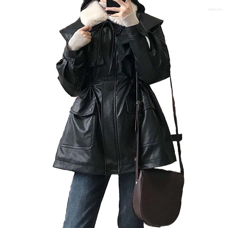 

Women' Leather Vintage Jacket Faux Winter Women Black Pu Furry Collar Bandage Long Sleeve Slim Warm Female Coats Fashion Outwear N9