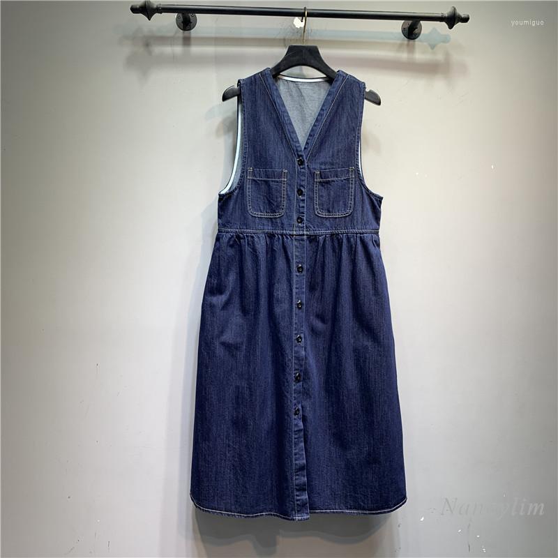 

Casual Dresses Big Size Denim Overall Dress For Women Spring Autumn Dark Blue Sleeveless Midi Jean V-neck Single-breasted Loose