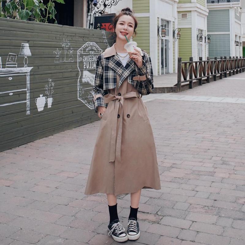 

Women' Trench Coats Coat Female Contrasting Color Stitching Plaid Long British Spring Autumn Jacket Korean Loose Casual Women