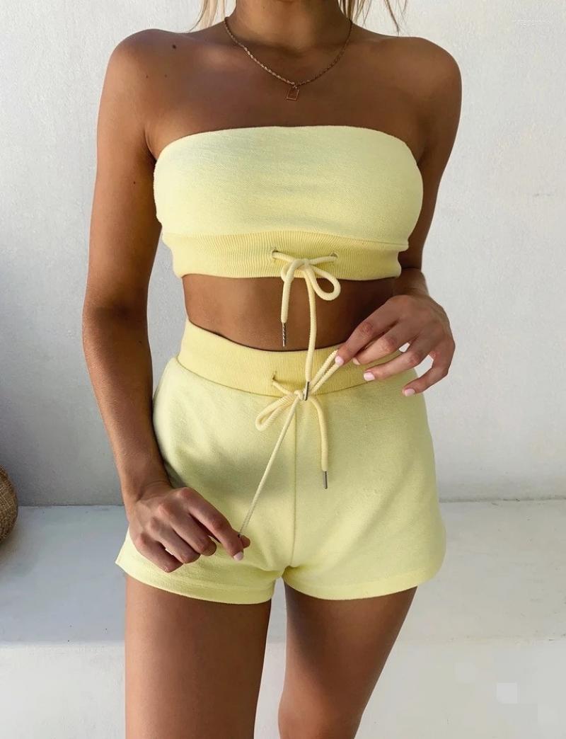 

Women' Tracksuits Short Sets Women 2 Pices Set Towel Off Shoulder Rib Tie Crop Top Mid-Rise Elasticated Waist Lounge Shorts Spodenki, Black