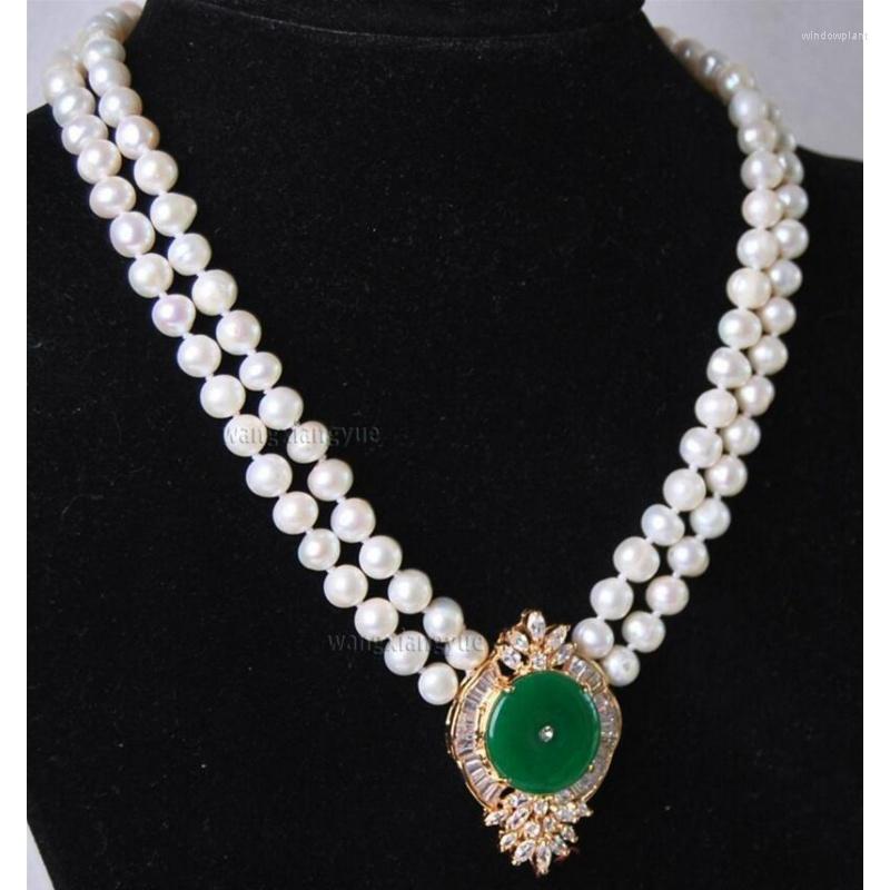 

Chains Fashion Jewelry Beautiful 2Rows White Pearl Green Jade Pendant Nelace