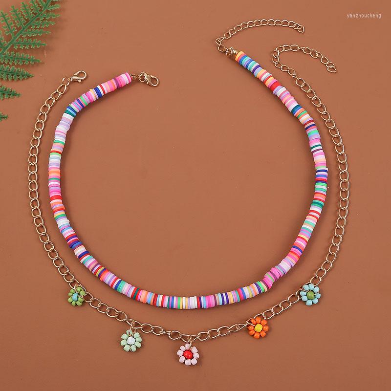 

Choker 2 Pcs/Set Boho Female Multicolor Polymer Clay Necklaces For Women Gold Color Metal Chain Handmade Beaded Flower Pendant Necklace