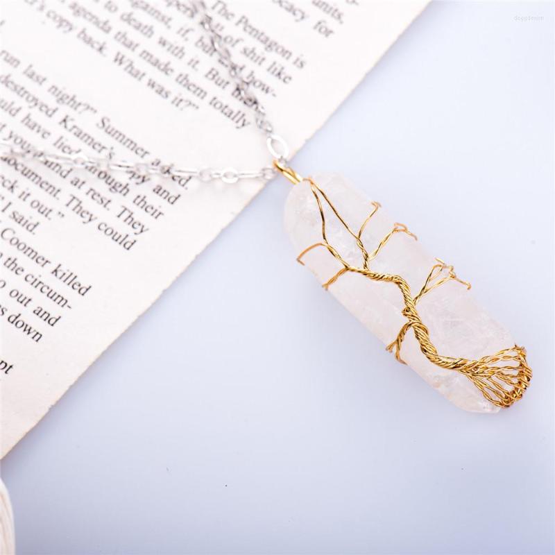 

Pendant Necklaces Natural Stone Pink Crystal Wrapping Necklace Stainless Steel Chain Women Sweater Jewelry Gift 34inch Y1067