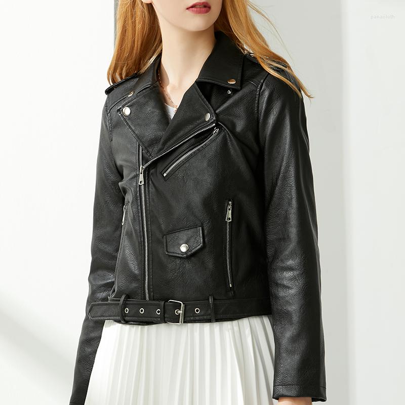 

Women's Leather Trendy Women Pu Short Jacket With Belt Streetwear Moto Biker Loose Label Zipper Faux Soft Coat Classic Outwear, Blue
