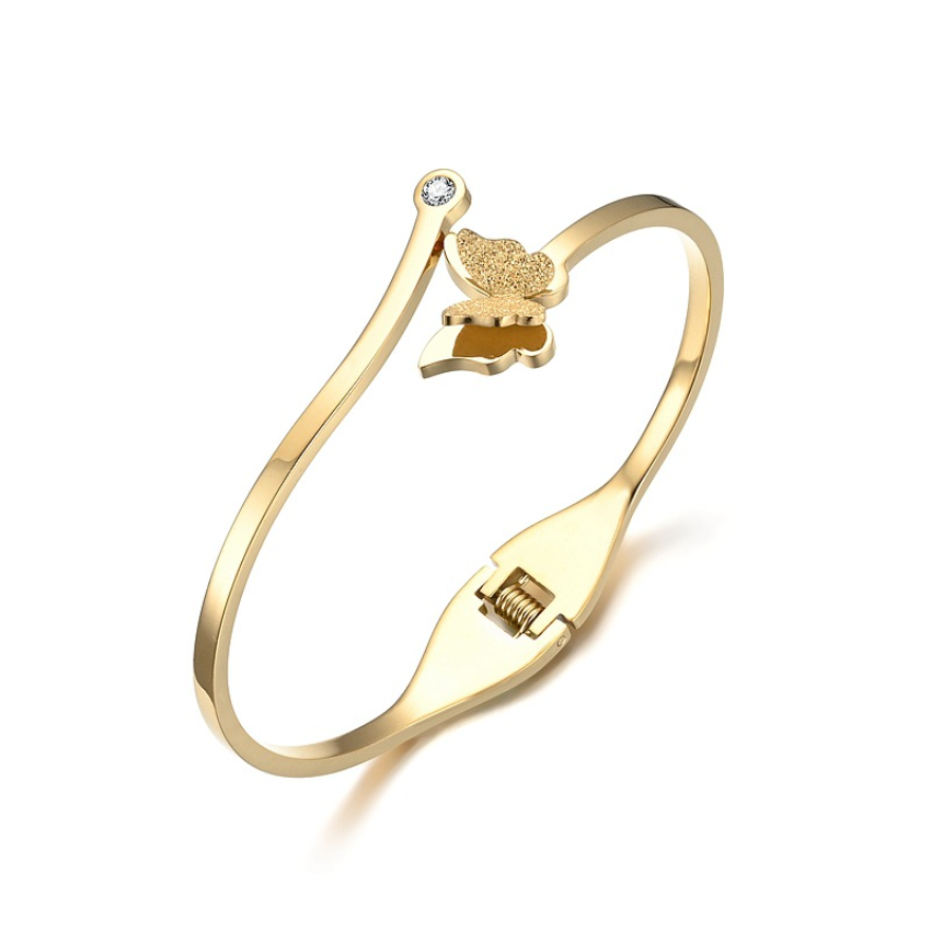 

Frosted Butterfly Bangle Cuff Stainless Steel Bracelet Wristband for Women Rose Gold Fine Fashion Jewelry