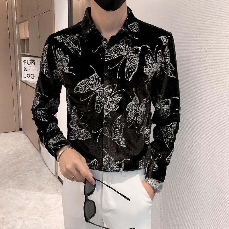 

Men's Casual Shirts Butterfly Print Long Sleeve Velvet Dress Men Tuxedo Simple Slim Fit Chemise Homme Black