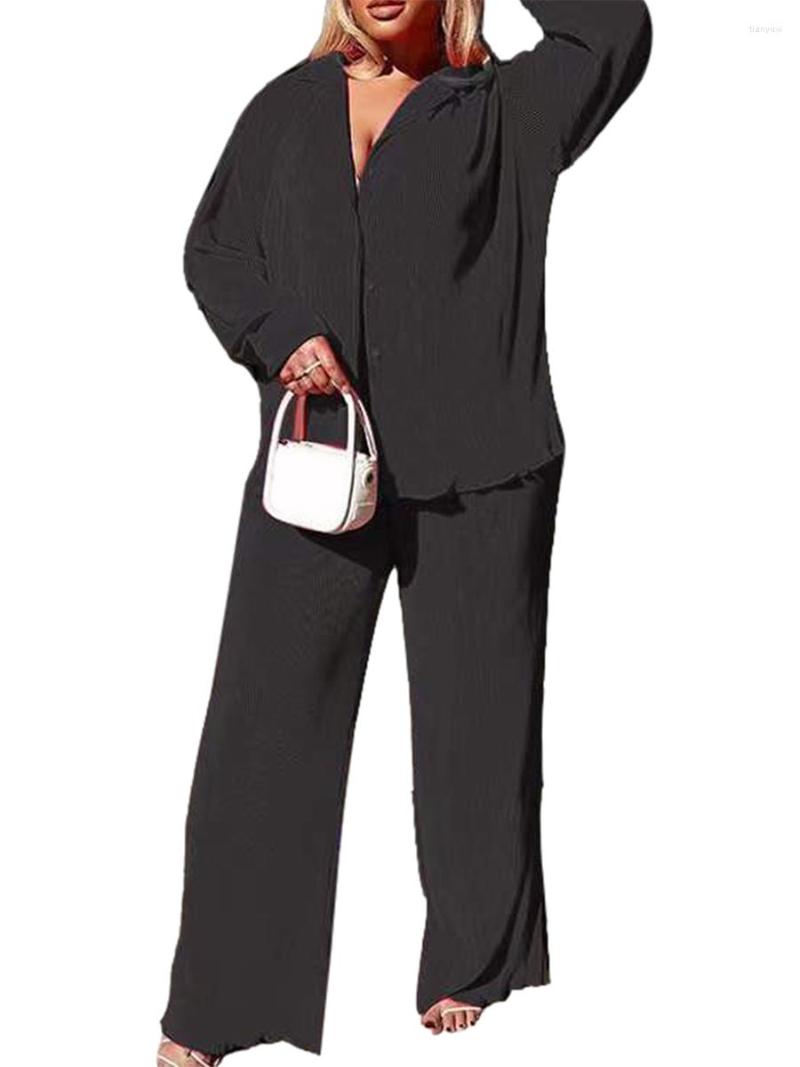 

Women' Two Piece Pants Txlixc 2 Pieces Female Suit Set Casual Solid Color Lapel Long Sleeve Button Down Shirt Loose Sets Women Clothes, Black