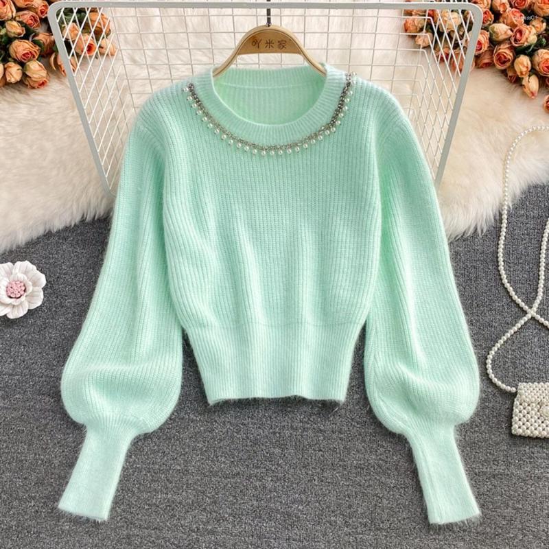 

Women's Sweaters Elegant Black Kniteed Pullover Women 2022 Spring Autumn Sweater Pearl Round Neck Jumper Cropped Basic Tops Femme Ladies, Apricot