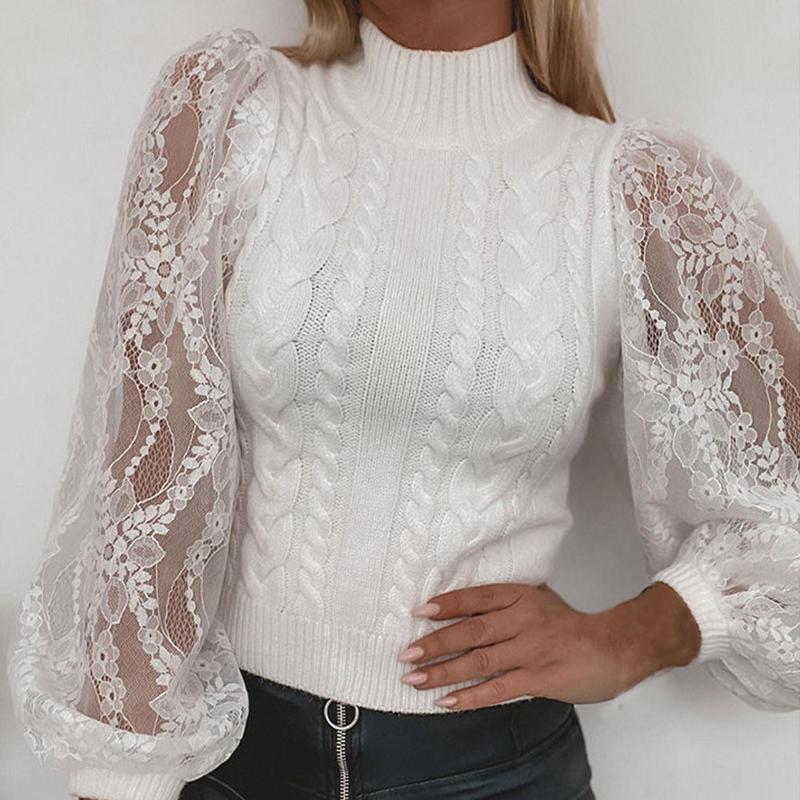 

Women's Sweaters Fashion White Lace Knitted Women's Turtleneck Hollow Out Lantern Sleeve Sweater Ladies Elegant Party Tops Camisa De