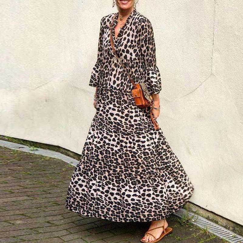 

Casual Dresses Boho Dress 2022 Spring Summer Leopard Print Retro Long Party Women Sexy V Neck 3/4 Flare Sleeve Loose Maxi Vestido, White (maxi)