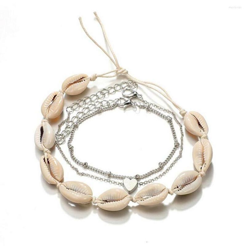 

Anklets 3Pcs/set Natural Shell Beads Heart Chain Anklet For Women Bohemian Fashion Weave Rope Conch Sandal Casual Charm Bracelet