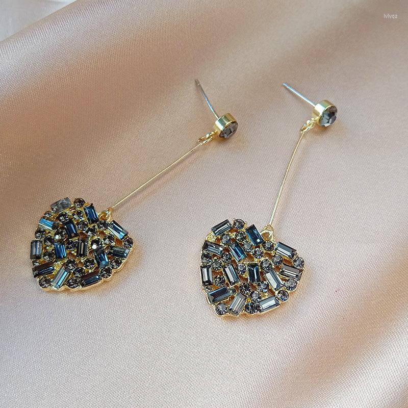 

Stud Earrings BT59 S925 Silver Needle Korean Super Flash Long Wild Simple Crystal Heart-shaped Full Diamond Temperament