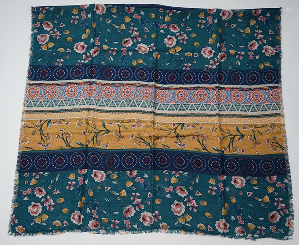 

Scarves 2022 Spring And Autumn Viscose Shawl Women Elegant Temperament Lake Blue Pastoral Flowers Scarf Females