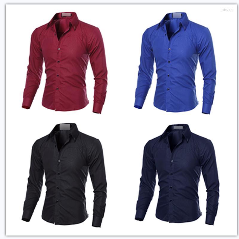 

Men's Casual Shirts IMCUTE Men's Business Slim Dark Patterned Diamond Shirt Solid Color High Collar Long Sleeve Buttoned Middle Formal, Blue