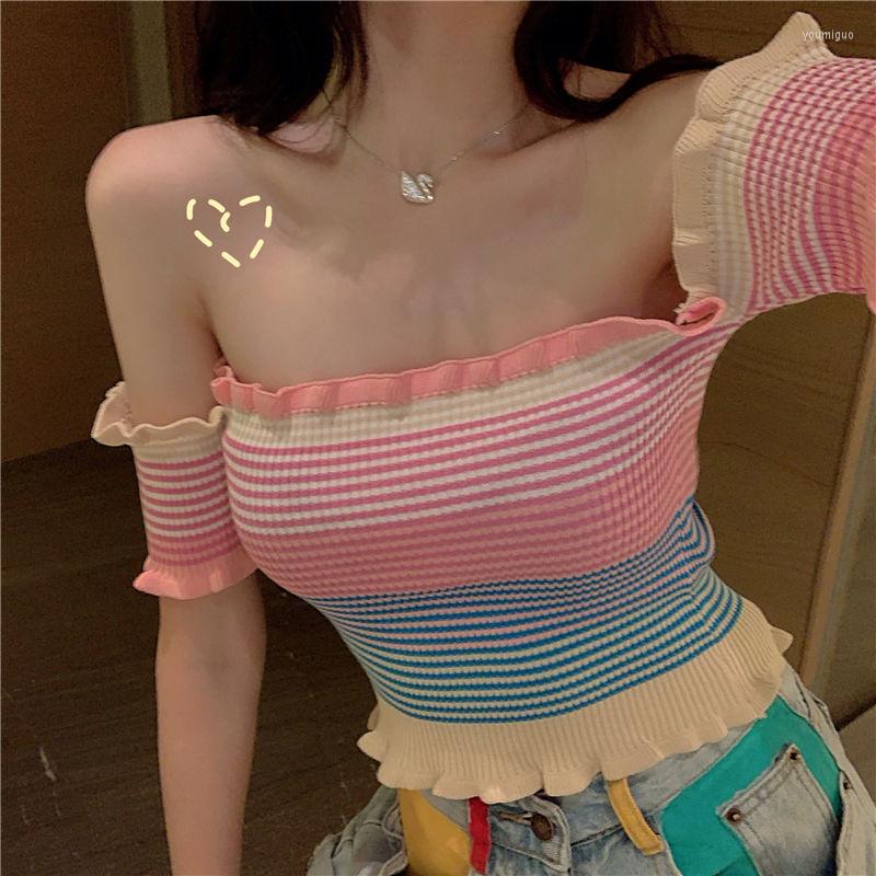 

Women's T Shirts Woman TShirts Summer Colorful Striped Off-the-Shoulder Sweater Short-Sleeved T-shirt Women's Top Crop Mujer Camisetas, Blue