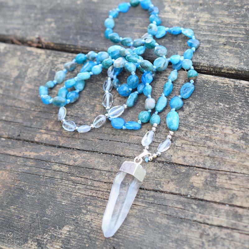 

Pendant Necklaces Clear Quartz Gold/Silver Blue Apatite Stone Nuggets Beads Knot Handmade Necklace
