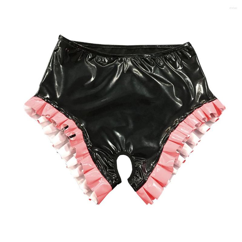 

Women' Panties Woman Fetish PVC Leather With Crotch Open Latex Look Shorts Ruffle Crotchless Black For Erotic Underwear, Beige