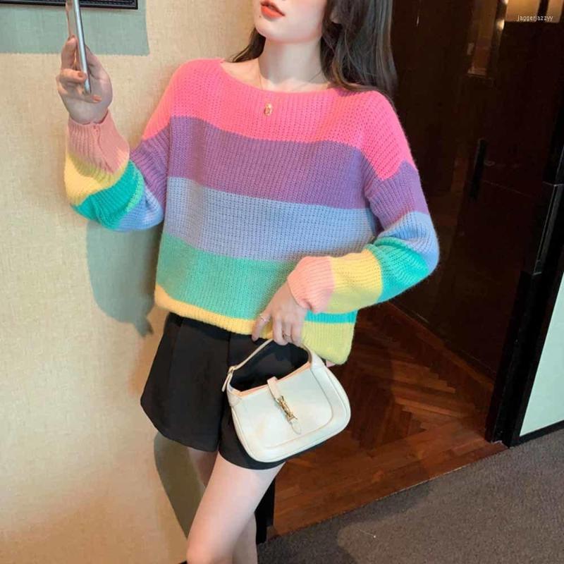 

Women's Sweaters Korean Style Kawaii Kintting Sweater Women Harajuku Rainbow Stripes O-Neck Streetwear Casual Vintage Pullovers Loose Female, Photo color