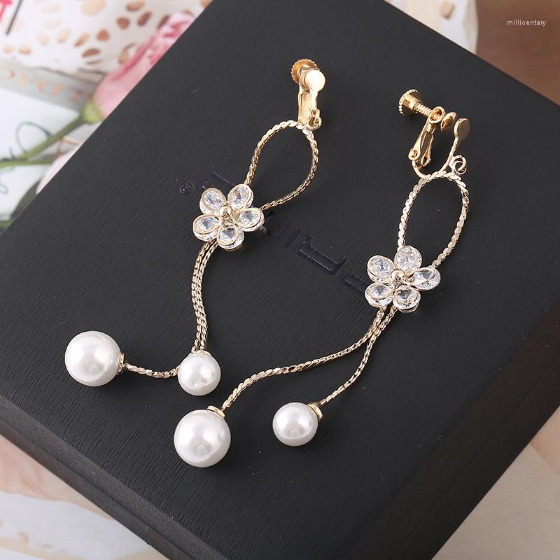 

Backs Earrings Top Quality CZ Double Tassel Simulated Pearl Flower Shape Clip On Without Piercing For Women Party Fashion Bijouterie