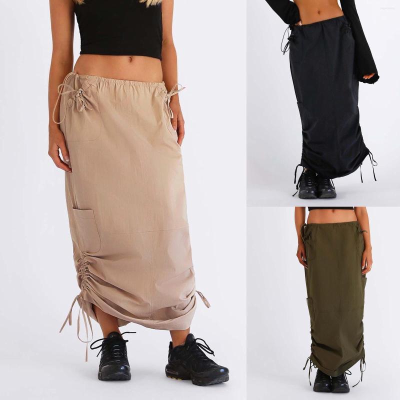 

Skirts SKMY Y2k Clothes Streetwear For Women Fashion Side Drawstring Ruched Irregular Long Skirt With Pockets Solid Color, Khaki