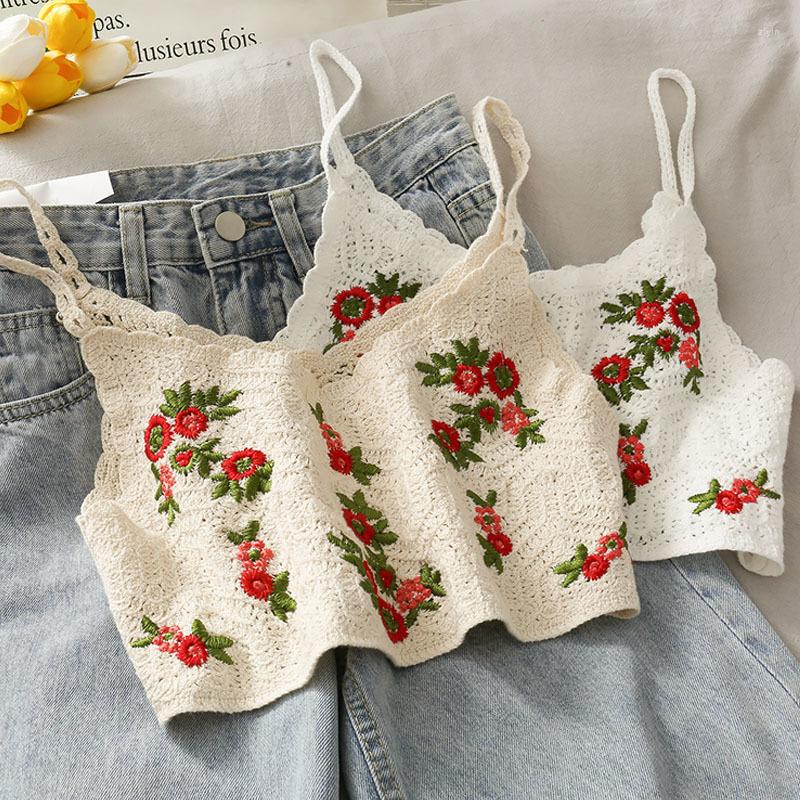 

Women's Tanks Korean Style Cropped Top 2022 Summer Crop Female Women Crochet Floral Embroidery Sleeveless Sexy Knit Tops Camisas Mujer, Beige