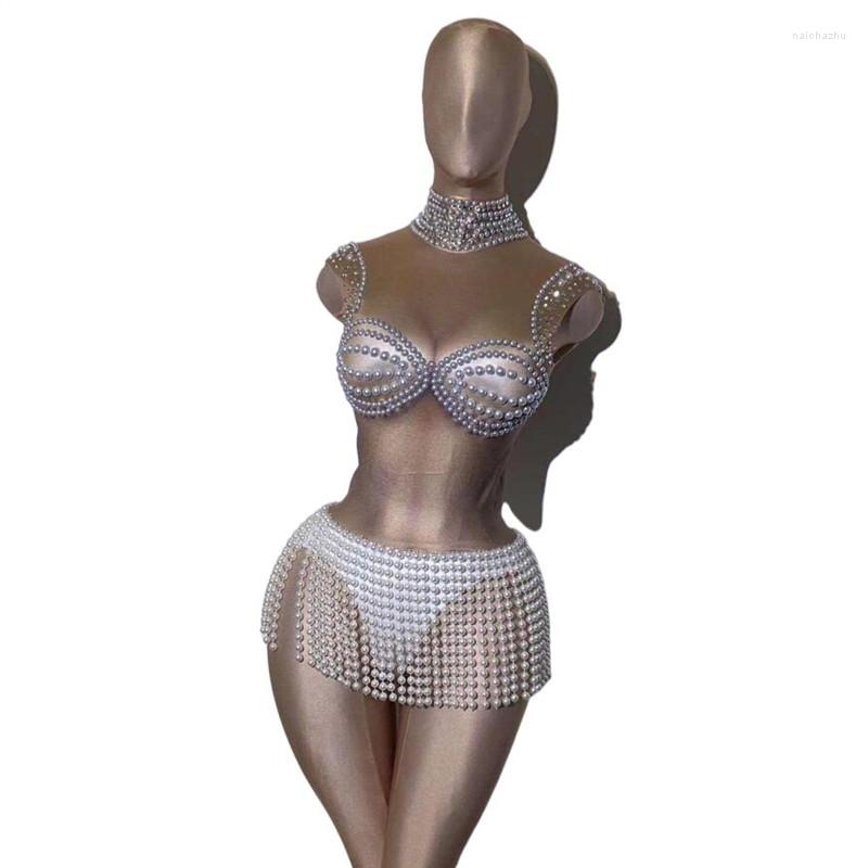 

Stage Wear White Pearl Fringe Stones Spandex Sexy Bodysuit Women Dancer Singer Show High Neck Outfit Bar Prom Birthday, Picture shown
