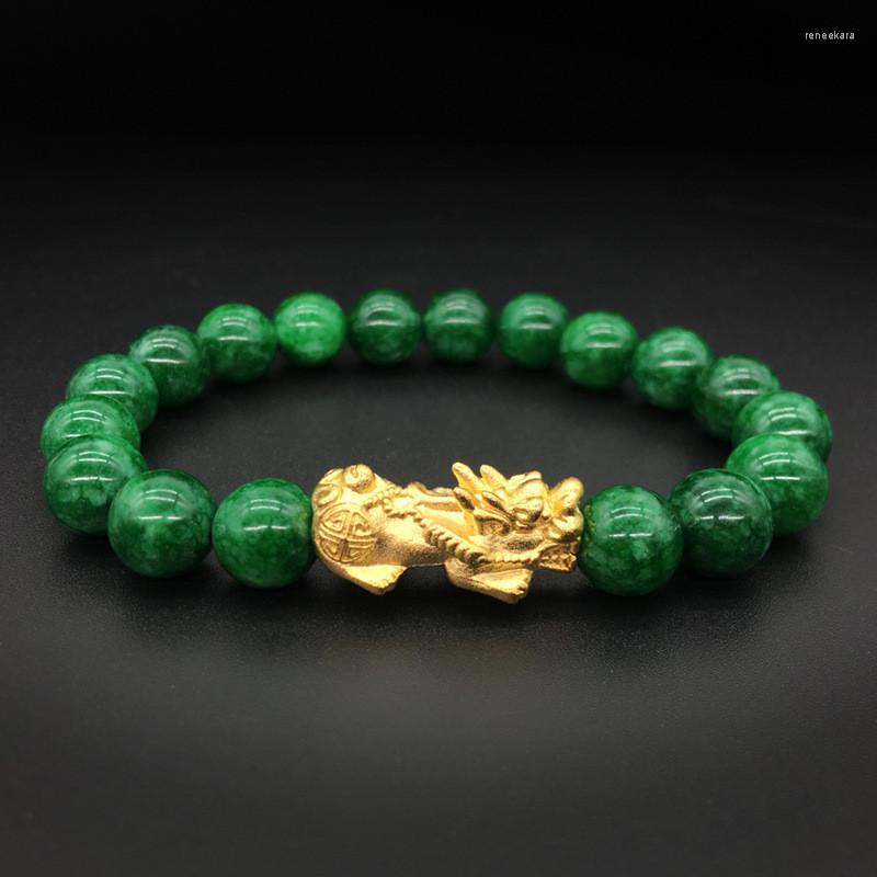 

Strand Natural 10mm Green Stone 24K Pixiu Bracelet Beads Lucky Bracelets Bangles For Women Friend Birthday Gift Jewelry