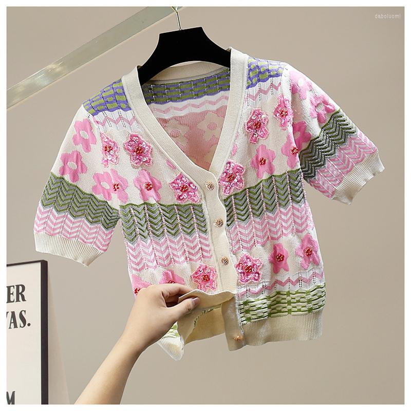 

Women's Knits Summer Cardigan Women Beads Decorated Flower Wave Pattern Single-Breasted Short Sleeve Sweater Korean Style Casual Slim Top, Pink
