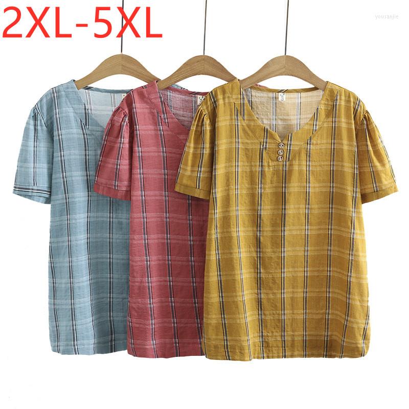 

Women's Blouses 2022 Ladies Summer Plus Size Tops For Women Large Blouse Short Sleeve Cotton Blue Yellow Plaid V-neck Shirt 2XL 3XL  5XL