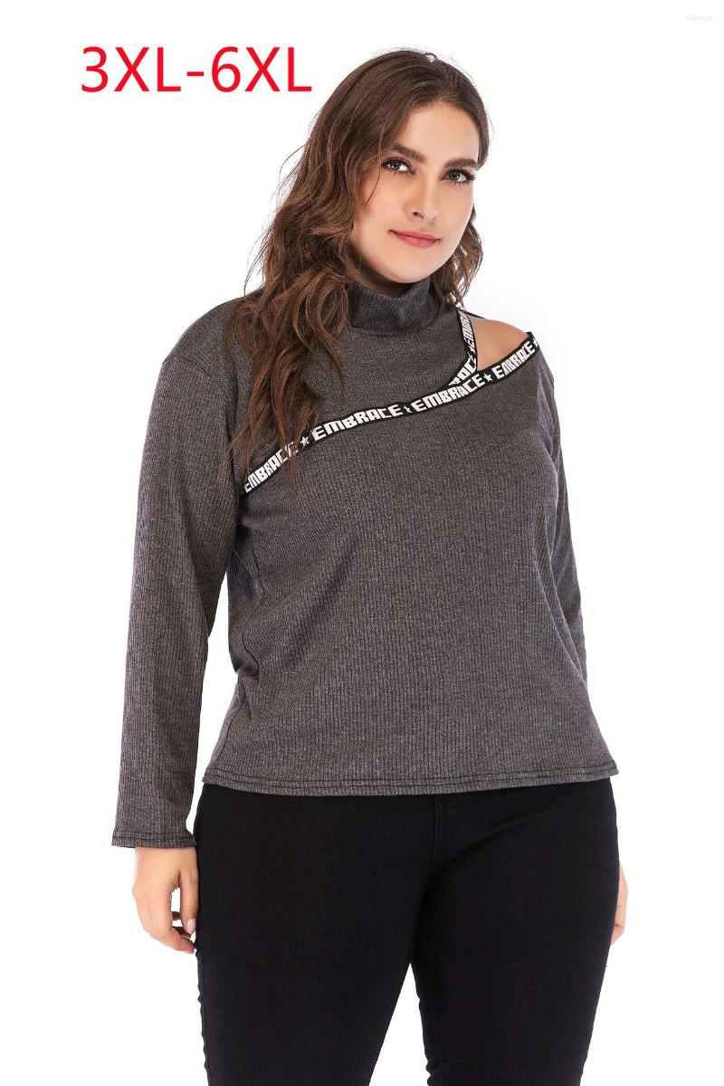 

Shirt 2022 Ladies Spring Autumn Plus Size Blouse For Women Large Long Sleeve High Collar Grey T-shirt Tops 3XL  5XL 6XL, Gray