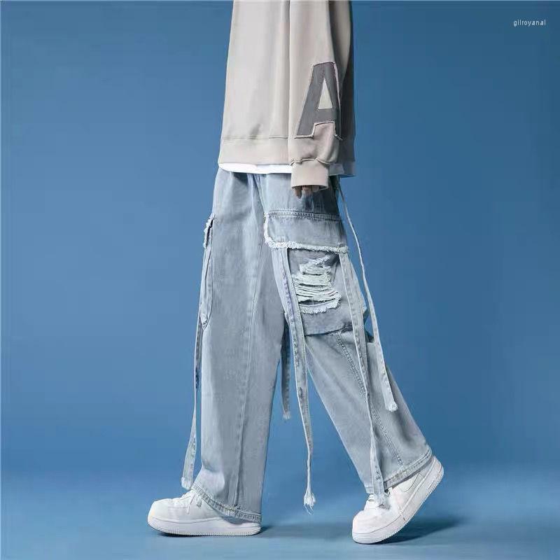 

Men' Pants ZCSMLL High Street Ripped Ribbon Jeans Men' Straight Tube Loose Wide Leg Hip-hop Personalized Overalls Denim Trousers, Black