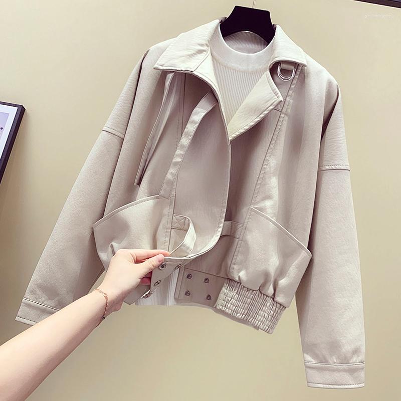 

Women' Leather Trendy Spring Women Harajuku Short Faux Jacket Casual Batwing Sleeve Loose Streetwear Biker Coat Bomber Ourwear, Beige