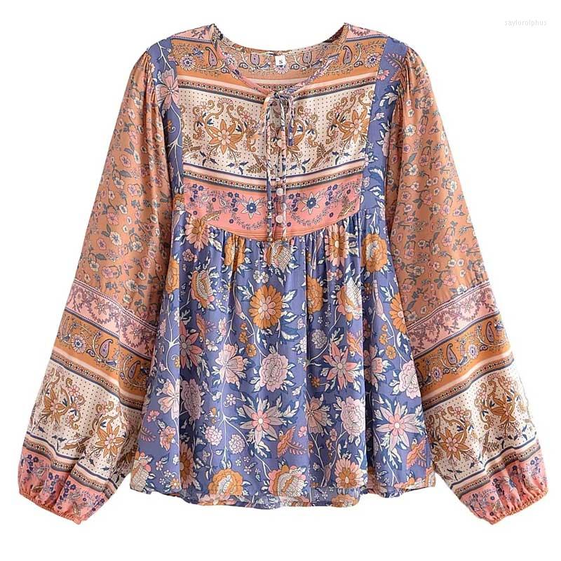 

Women' Blouses Boho Inspired Floral Print Blouse Women V-neck Long Sleeve Tops Bohemian Style Beach Shirt Female, Royal blue