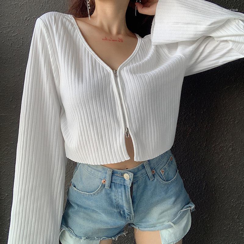 

Women' Knits Fashion Black Ribbed Zip-up Cardigans Casual V Neck Thin Long Sleeve Autumn Sweater Sexy Women Cropped Tops