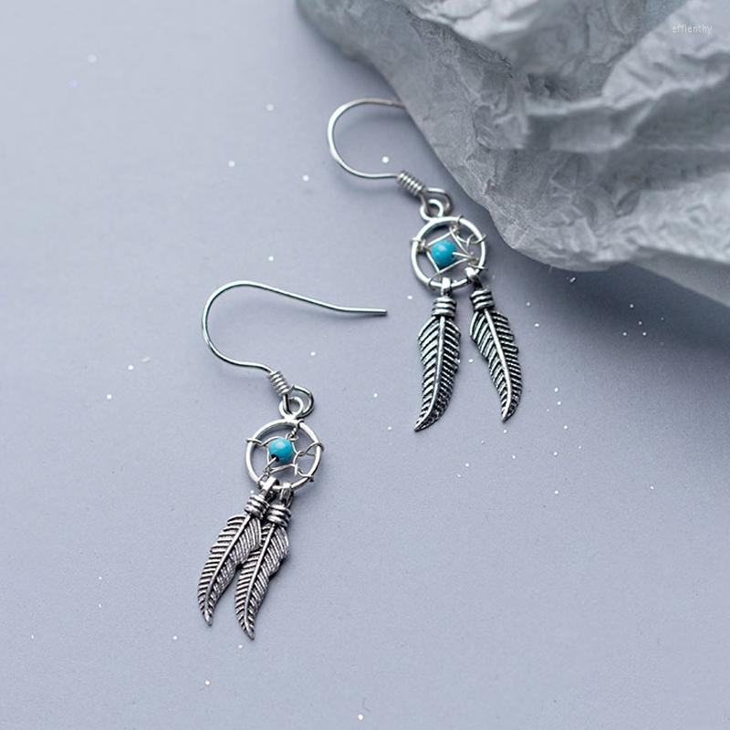 

Hoop Earrings MIQIAO 925 Sterling Silver For Women Vintage Female Temperament Retro Simple Wind Mesh Blue Bead Feathers Cool Gift2022