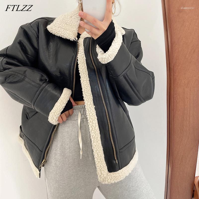 

Women's Leather FTLZZ Autumn Winter Women Faux Soft Lamb Fur Coat Streetwear Female Moto Biker Loose Warm Jacket Ladies Thick Outwear, Black