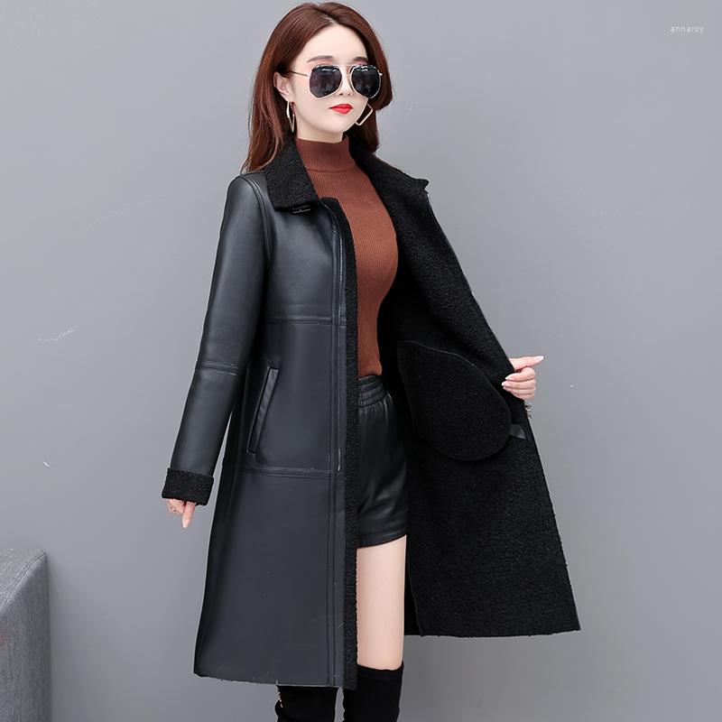 

Women's Leather 2022 Women Winter Jacket Cotton Padded Parkas Long Thicked Warm Plus Velvet PU Female Coat, Black