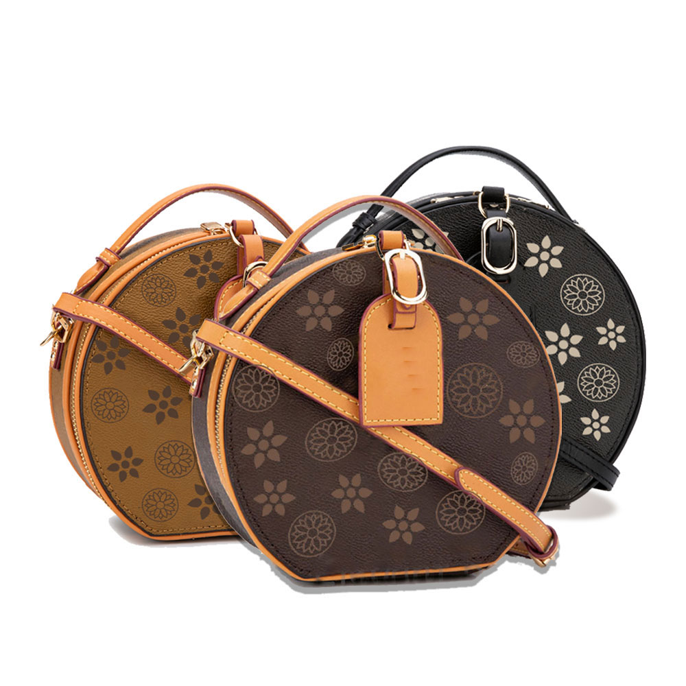 

Women Circular Crossbody Bag Classic Round Handbags Designers Shoulder Purse Old Flower lvs Leather Strap Handle Luxury Lady Cosmetic Wallet 3 color, Pure black