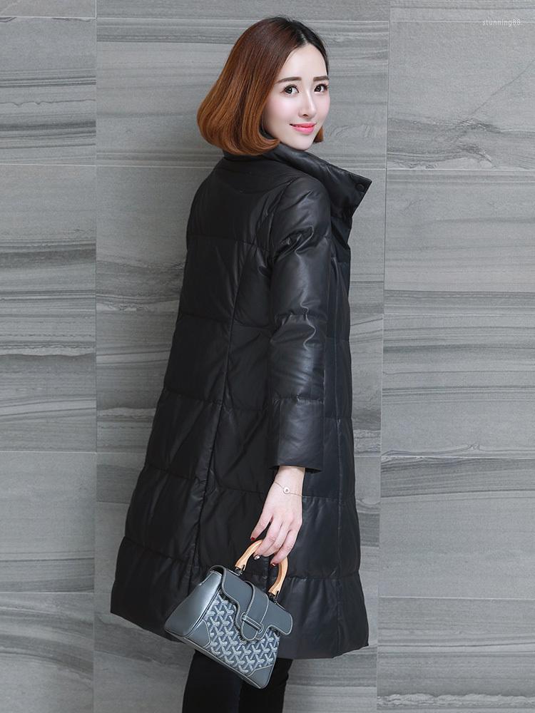 

Women's Leather Winter Sheepskin Coat Genuine Jacket Warm Long Down Jackets For Women Veste En Cuir Femme KJ1524, Black