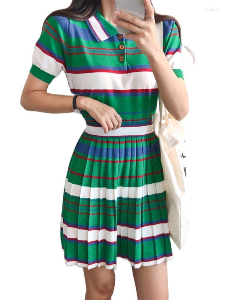 

Work Dresses Casual Knitted Suit Color-Blocked Striped Top High-Waisted Skirt Two-Piece Set 2022 Autumn Fashion Women' Clothing, Green