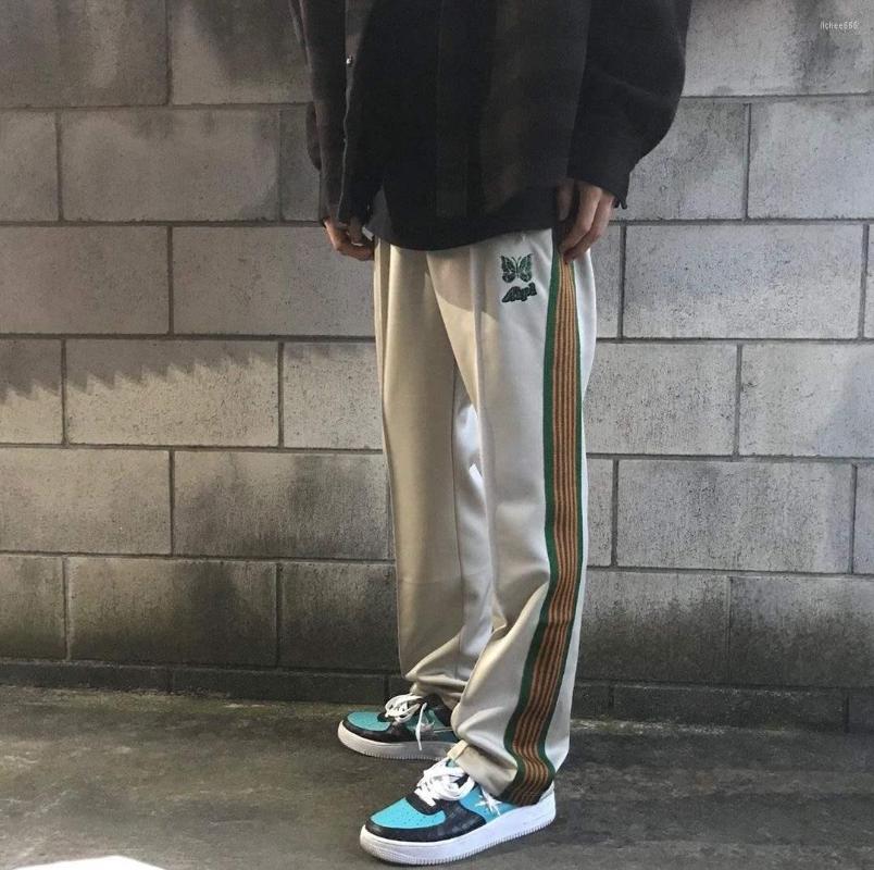 

Men' Pants 2022FW Stripe Needles AWGE Buckle Men Women Jogger Sweatpants Butterfly Embroidery Trousers, 17