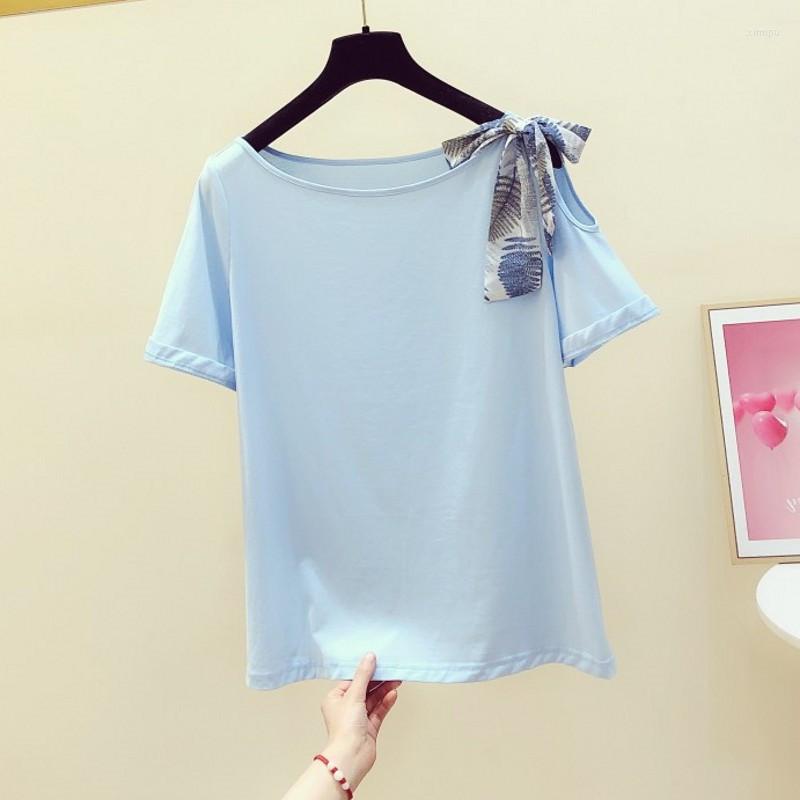 

Women' T Shirts 2022 Summer Womans Tshirt Korean Bow Scarf Single Off Shoulder Short Sleeve T-shirt Female Casual Tops Tees, Black