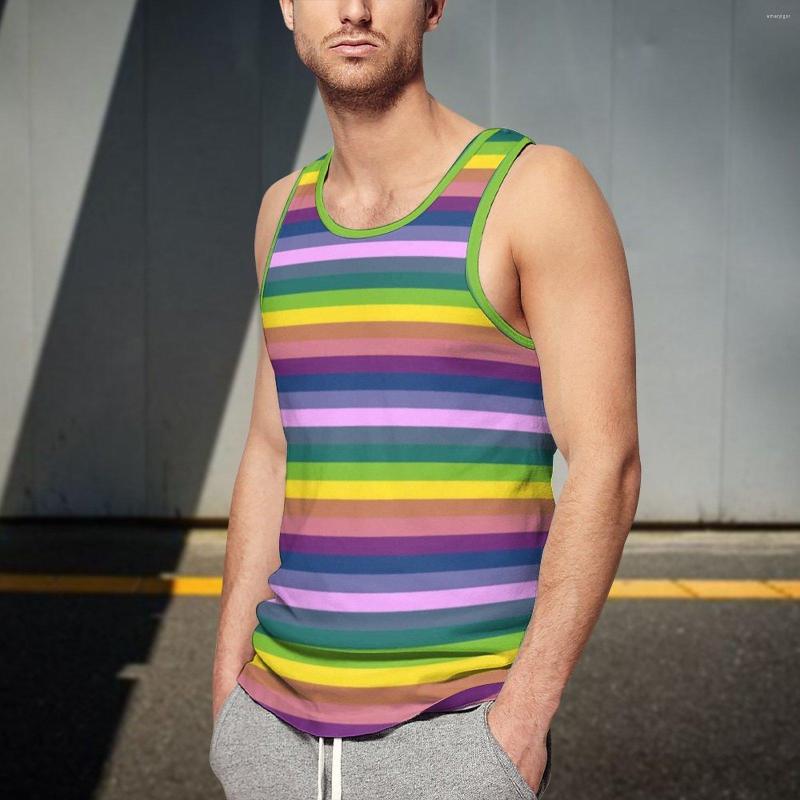 

Men's Tank Tops 80S Stripes Top Colorful Stripe Line Pattern Mens Sportwear Tight Training Muscle Sleeveless Shirt, Style-13