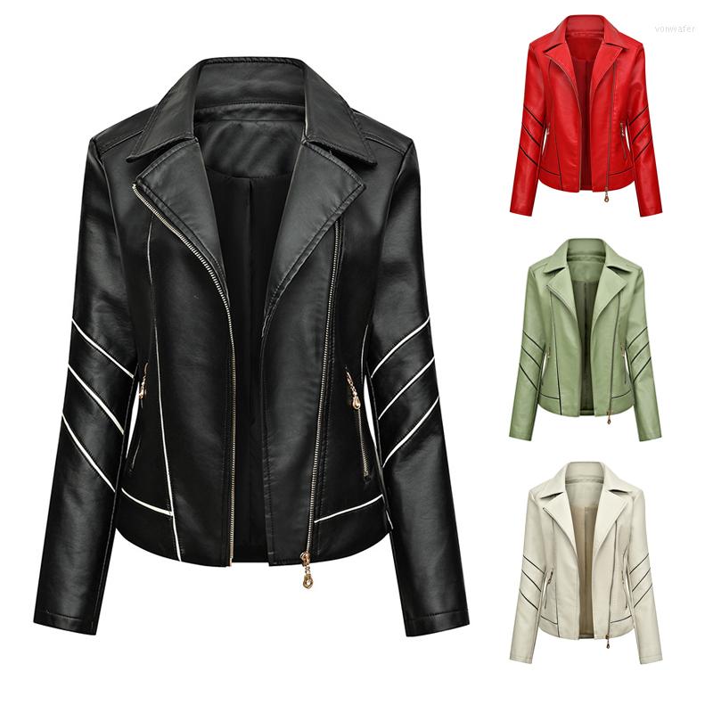 

Women' Leather Autumn Winter PU Faux Jackets Women Long Sleeve Plus Size Zipper High Quality Coat Turn-down Collar Motor Biker Jacket, Beige