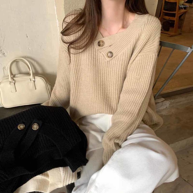 

Women's Sweaters Autumn 2022 Pullover Button Sweet Solid V-Neck Loose Stylish Warm Soft Knitwear OL Chic Femme Tops, Black