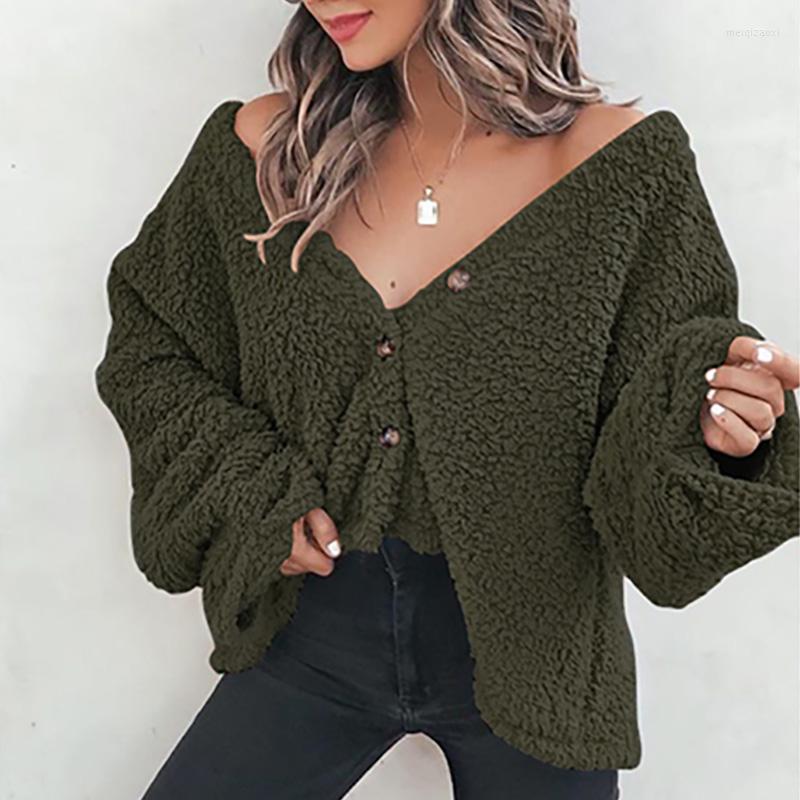 

Women' Jackets 2022 Women Casual Loose Button Down Fleece Jacket Winter Warm Long Sleeve Deep V Neck Solid Color Coat, Black