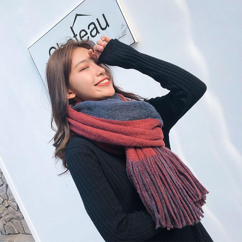 

Scarves Arrival Fashion Simple Patchwork Thick Long Wild Korean Shawl Students Warm 7 Colors Available Dual Use Tassel Scarf
