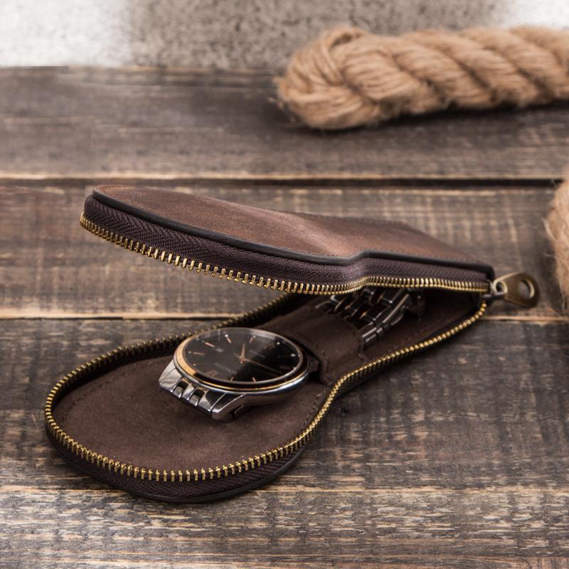 

Watch Boxes Premium REAL Natural Leather Storage Bag Watch-Box Luxury Clock Travel Protective Case Zipper Design Can In 1