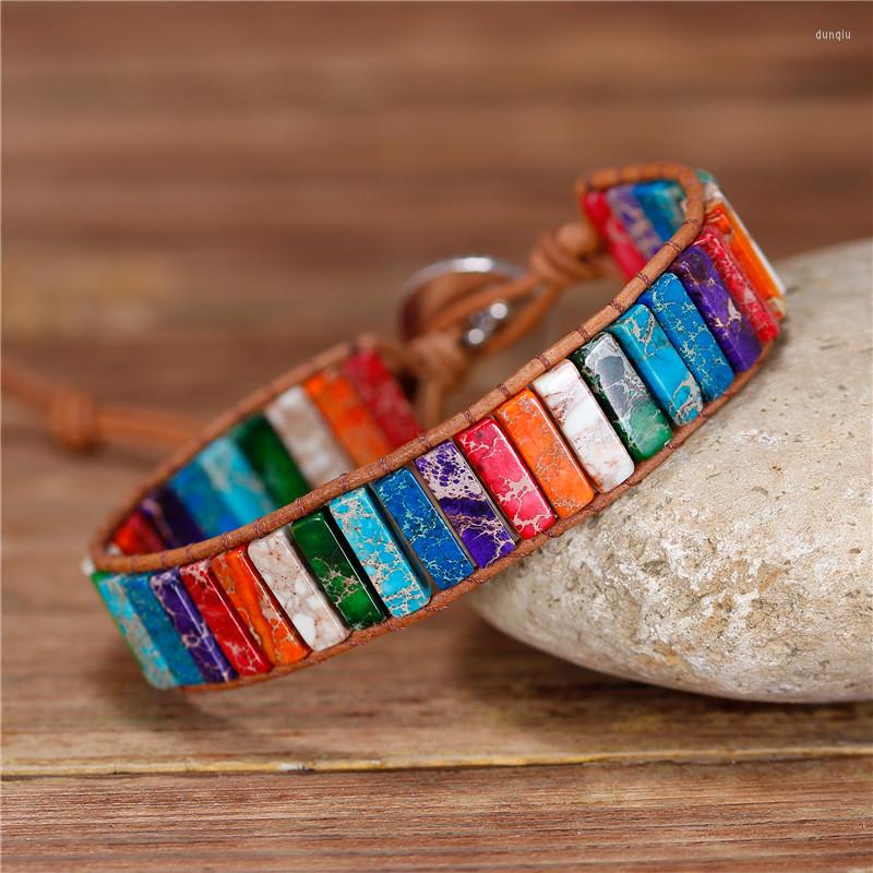 

Charm Bracelets 7 Chakra Bracelet Jewelry Handmade Multi Color Natural Stone Tube Bead Leather Wrap Couples Gifts Dropshiping